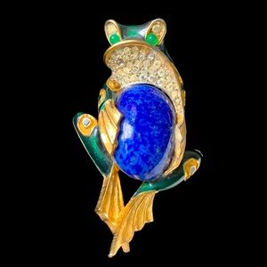 Joseph Mazer Jomaz tree frog brooch vintage 1950s pave rhinestones lazurite Blue